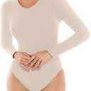 SINOPHANT Long Sleeve Bodysuit for Women Crew Round Neck Basic Stretchy Slim Fit Body Suit Top (Beige, Large)