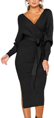 CHERFLY Women's V Neck Sweater Dresses Batwing Long Sleeve Backless Bodycon Long Dress with Belt, Size XL