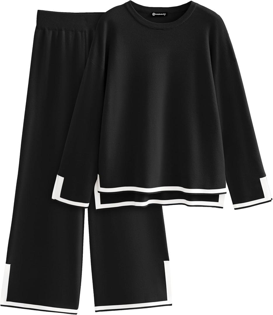 PRETTYGARDEN Women's 2 Piece Fall Knit Sweater Set Long Sleeve Tops Wide Leg Pants Sweatsuit Tracksuit Outfit Winter Clothing (X-Large, Black)