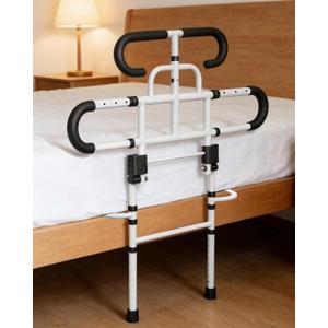 Aliseniors Bed Rails for Elderly Adults Safety - ASTM Certified Bed Assist Grab Bar for Seniors with Adjustable Legs, 300lb Foldable Bedside Dual-Tier Handle - Fits King Queen Twin for Fall Prevention