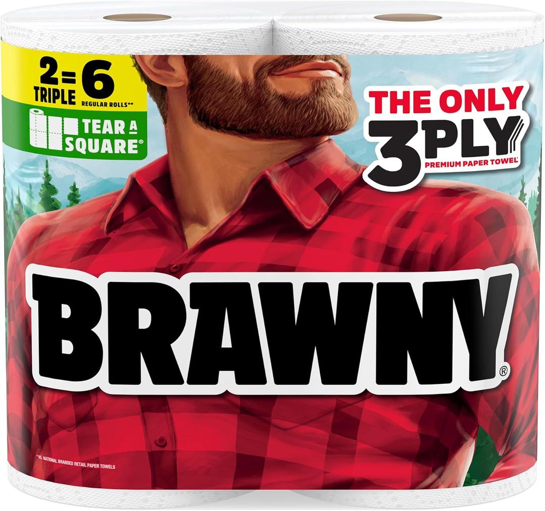 Brawny Tear-A-Square 3-Ply Paper Towels, 2 Triple Rolls = 6 Regular Rolls, Strong, Absorbent, and Durable with 3 Sheet Sizes (Quarter, Half, Full)