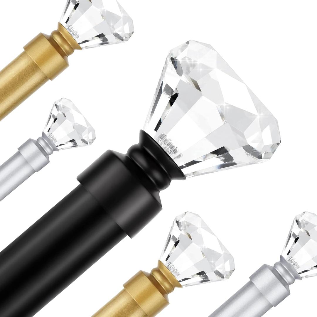 2 Pack Curtain Rods for Windows 30 to 68 Inches2.5-5.7 Feet, 1 Inch Diameter Adjustable Single Window Rod, Decorative Drapery Rods, Crystal Diamond Finials, Black