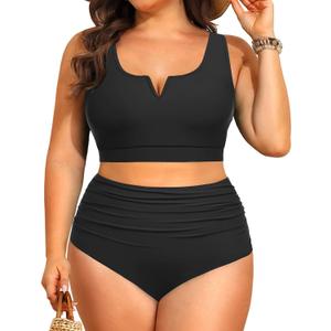 Aqua Eve Women Plus Size High Waisted Bikini - Two Piece Swimsuit Tummy Control Bathing Suit V-Wired 2025 Swimwear (Black) 18W