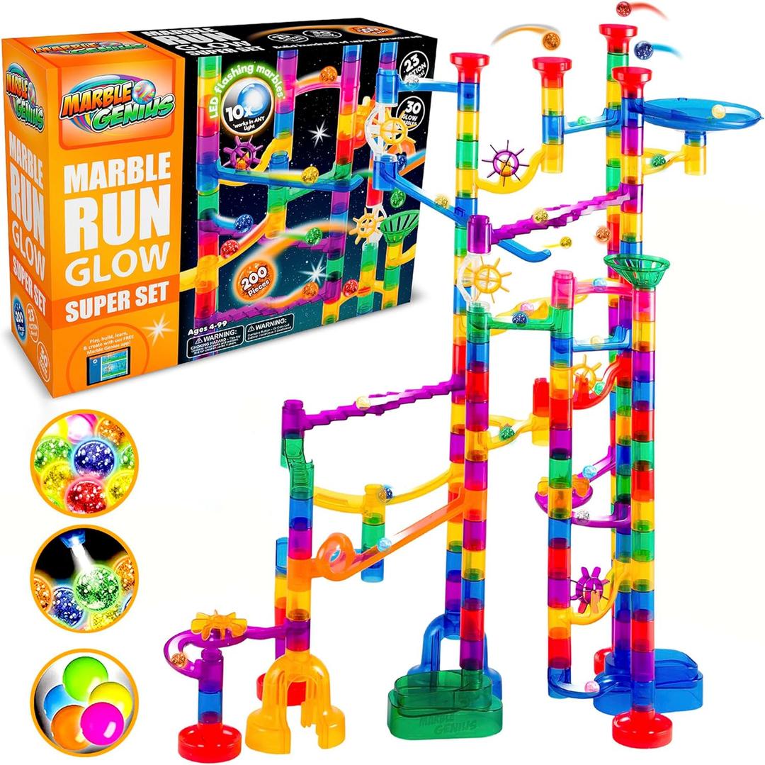 Marble Genius Marble Run Track - 200-Piece, Multicolor, Space Theme - Glow-in-The-Dark Marble Set & STEM Building Toy & Race Track for Ages 4+