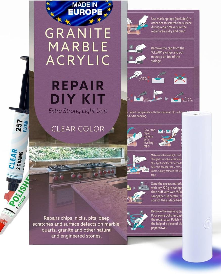 Granite, Marble and Acrylic Repair Kit (Clear/Transparent) - Fix Your Defects Like a Pro I Suitable for Most Repairs I Fix Broken Chips in Minutes