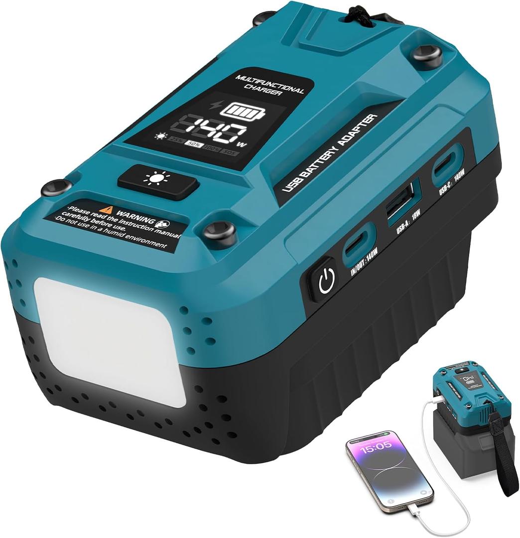 140W Battery USB Charger Compatible with Makita 18V Battery | Fast Phone Charger Adapter, 2 PD3.1 USB-C & 1 QC18W USB-A Port, 700LM LED for Outdoor Jobsite Camping (Adapter Only)