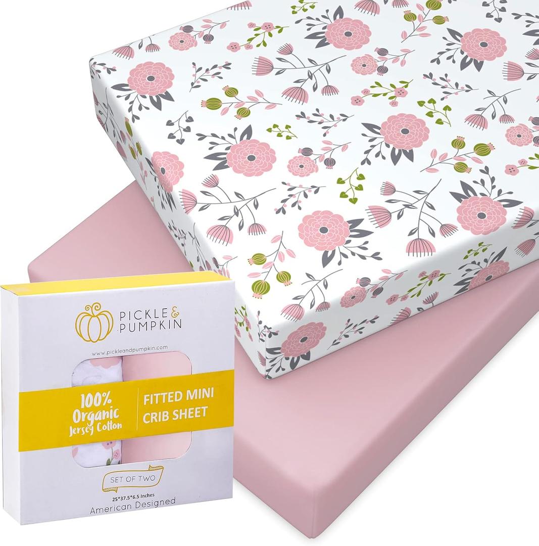 Mini Crib Sheet with Floral & Pink Pattern - 100% Organic Cotton Pack n Play Fitted Sheet - Premium Pack n Play Sheets - Compatible as Graco Pack n Play Sheet & Mini Crib Sheets - Pickle & Pumpkin