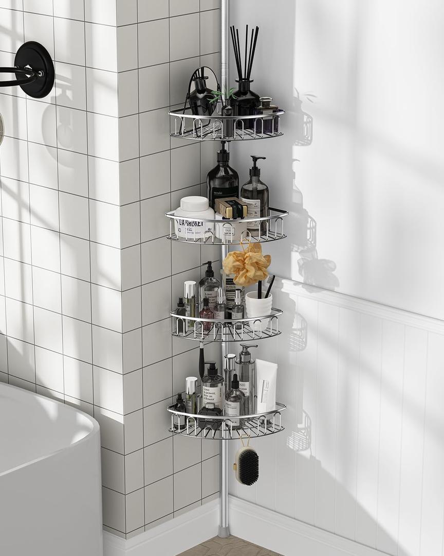 Corner Shower Caddy Tension Pole: Aluminum Shower Caddy Rod with Stainless Steel 4 Adjustable Rustproof Shelves Organizer for Bathroom, 47-121 inch, No Drilling, Quick Installation, Heavy Duty (Silver)