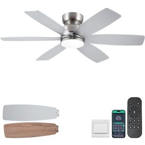 46 inch Ceiling Fans with Lights and Remote/APP Control, Low Profile Ceiling Fan with Light, Flush Mount, 3CCT, 6 Reversible Blades 6 Speeds Modern Ceiling Fan for Bedroom Living Room, Nickel
