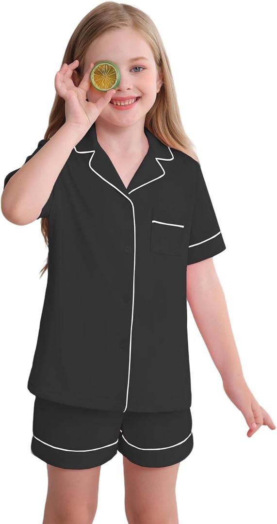 Veseacky 2 Piece Toddler Pajama Set Short Sleeve Sleepwear Boy Girl Button Down Pjs Cotton Loungewear Black 10-11 Years (Black)