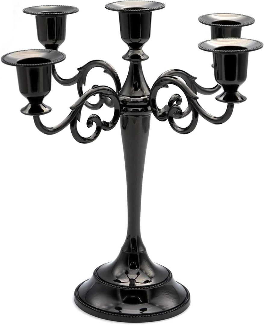 Black Candelabra Candle Holders for Pillar Candles 10.6 inch Tall, 5 Candle Candlestick Holder for 1/2-1 inch Taper Candles Halloween Candelabra Decoration Easy Assembly (Black)