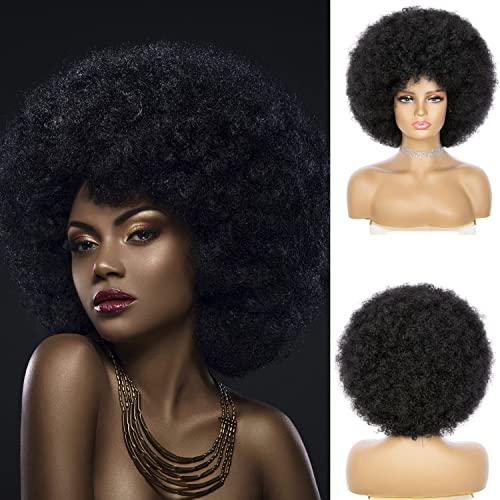 JSDshine Soft Afro Wig 70s For Women Kinky Curly Hair Wigs With Bangs Natural Looking Short Curly Wig For Men Bouncy Black Puff Synthetic Hair Wig For Daily Party Use