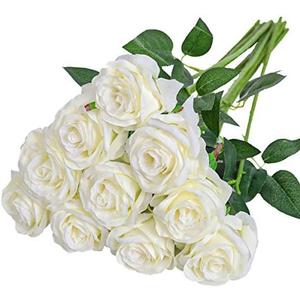 Nubry Artificial Silk Rose Flower Bouquet Lifelike White Fake Rose for Wedding Home Party Decoration Event Gift 10pcs (Off White) Nubry Artificial Silk Rose Flower Bouquet Lifelike White Fake Rose for Wedding Home Party Decoration Event Gift 10pcs (Off White)