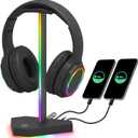 RGB Headphones Stand with 1 USB-C Data Transmission& 3 Type-C Charging Port, Desk Gaming Headset Holder with 7 Light Modes and Non-Slip Rubber Base (Black)