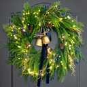 24 Inch Pre-Lit Norfolk Pine Christmas Wreath for Front Door, Artificial Plants Green Christmas Wreath with Lights, Velvet Ribbon, Natural Berries, Pinecones and Bells, Lighted Door Wreath