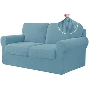 CHUN YI 5 Piece Stretch Loveseat Sofa Cover, 2 Seater Couch Slipcover with Two Separate Backrests and Cushions with Elastic Band, Checks Spandex Jacquard Fabric(Medium,Smoky Blue)