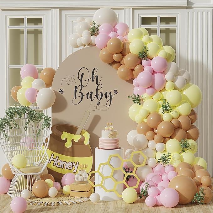 Pastel Pink Yellow Balloons Garland Arch Kit Macaron Pink Yellow and White Sand Latex Balloons for Bear Baby Shower Balloons Girls Birthday Party Decoration