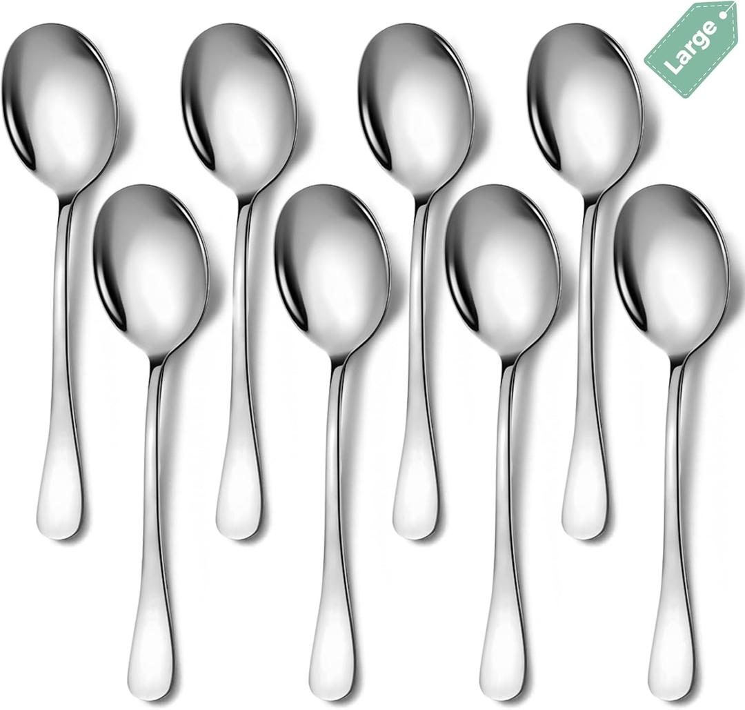 Keyoxy Stainless Steel Serving Spoons Set, 8pc, 10-Inch, Includes 8 Large Spoons, for Parties/Kitchen/Buffet/Catering, Dishwasher Safe (Silver)