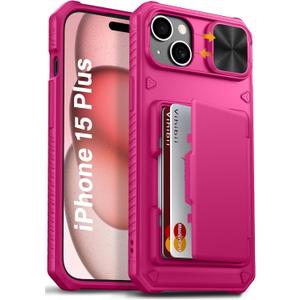 Vihibii for 15 Plus/iPhone 14 Plus Wallet Case with Card Holder (4 Cards), [RFID Blocking] & Slide Camera Cover & Raised Edges Protect Screen, Heavy Duty Case for iPhone 15 Plus/ 14 Plus, Hot Pink