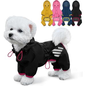 Dog Raincoat, Waterproof Dog Rain Jacket with Hood, Dog Rain Coat with Leash Hole, Reflective Strap for Small Medium Dogs, Lightweight Puppy Clothes(Black,M)
