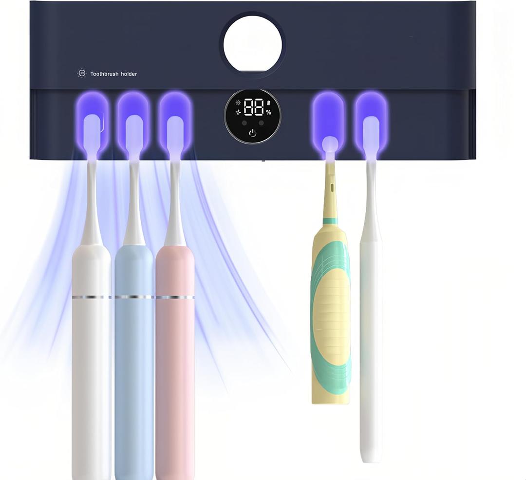 Electric Toothbrush Holder and Cleaner Auto Cleaning and Drying Toothbrushs in Circle Wall Mounted for Bathroom Accessory Auto Open/Close Cover Rechargeable Home Gadgets (Blue)