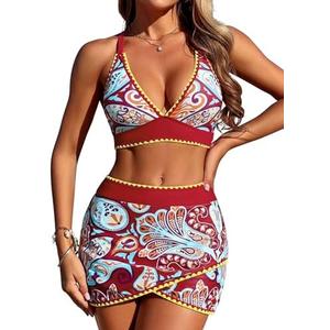 ZAFUL Women's High Waisted Bikini with Skirt Whip Stitch 2 Piece Swimsuits Tummy Control Bathing Suit, XL