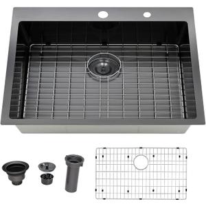 Friho 33x22 Inch Drop in Kitchen Sink, Black Stainless Steel Sink, Modern Top Mount Large Single Bowl Basin with Basket Strainer and Dish Grid