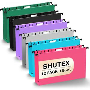 SHUTEX Extra Capacity Legal Size Plastic Hanging File Folders,12 Pack Reinforced Legal Size Hanging Folder with Heavy Duty 2 Inch Expansion,for Bulky Files, Medical Charts,Assorted Colors