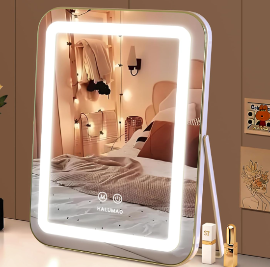 halumao Vanity Mirror with Lights, 14.5" Light Up Makeup Mirror, LED Makeup Mirror with Lights for Bedroom Tabletop, Smart Touch Control 3 Colors Dimmable, 360° Rotation