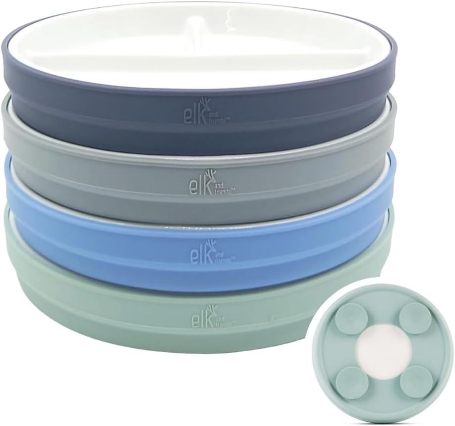 Elk and Friends Kids 7.8 Porcelain Divided Plates with Silicone Suction Sleeves + Lids | Suitable for Kids/Toddlers | Microwave & Dishwasher Safe | Non Slip | Snack Dishes (Sage/Navy/Gray/Misty Blue)