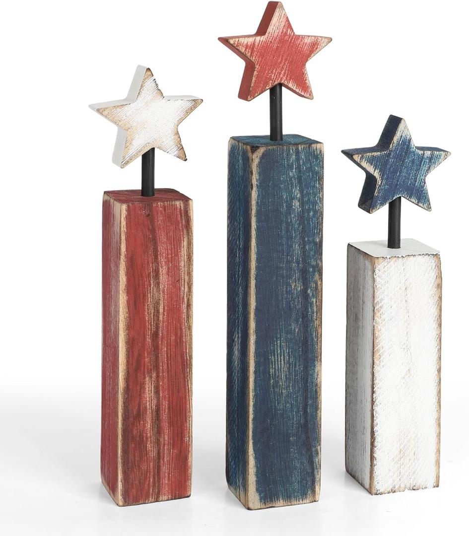 4th of July Table Decorations, 3Pcs Red White and Blue Decorations, Retro Patriotic Memorial Day Tiered Tray Decor, Labor Day Independence Day Fourth of July Decor for Home Office Shelf