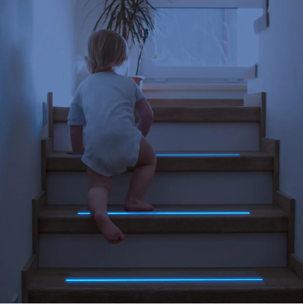 6'' x 24'' Clear Stair Treads Non Slip with Glow in Dark Blue Stripe, 15 Pack Pre-Cut Transparent Non Slip Strips Indoor Outdoor for Stairs,Bathroom,Bathtub, PEVA Safe for Elders,Kids,Pets