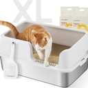 FUKUMARU Stainless Steel Litter Box with Lid, Extra Large Metal Cat Litter Box with Two Bags Litter, High Side Enclosed Litter Tray for Big Cats, Non-Sticky, Easy Cleaning, XL, Includes Litter&Scoop (Light Grey)