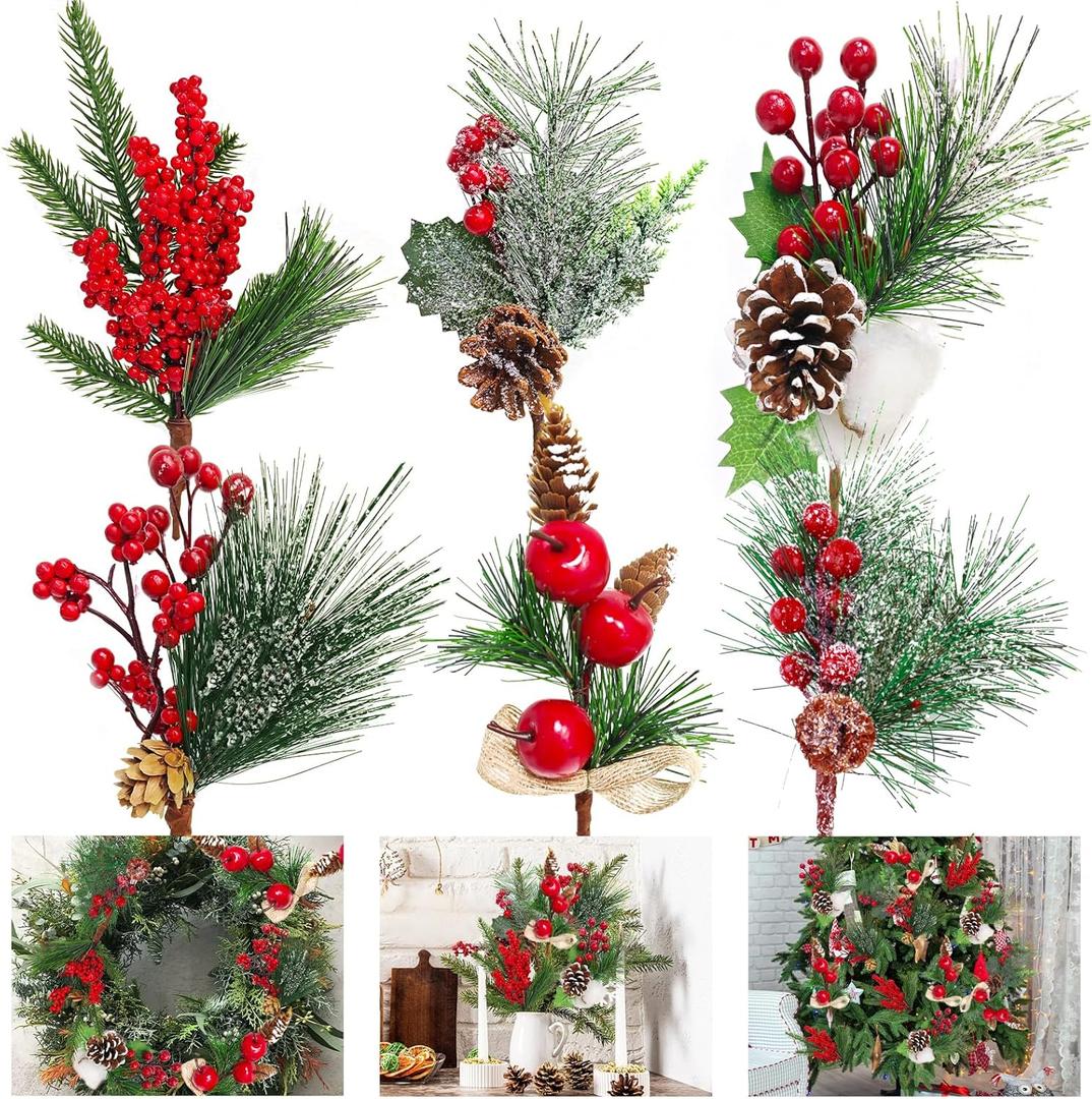 Artificial Christmas Picks 6PCS Assorted Red Berry Picks Stem Faux Cedar Holly Pine Needles Branches Artificial Pine Picks with Pinecones Holly Leaves for Xmas Winter Holiday DIY Craft Wreath