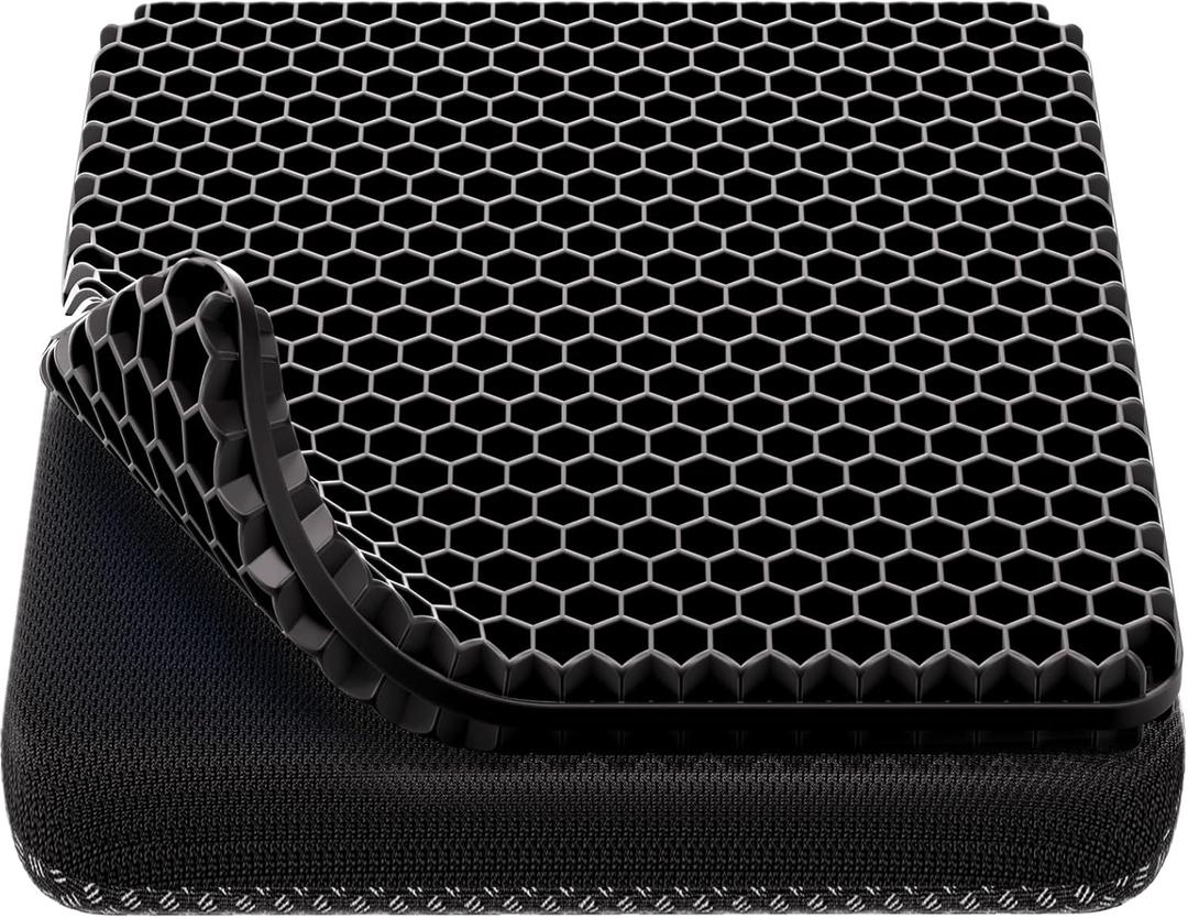 Gel Seat Cushion, Cooling Thick Big Breathable Honeycomb Design Absorbs Pressure Points Seat Cushion with Non-Slip Cover for Office Chair Home Cars Wheelchair (Black)