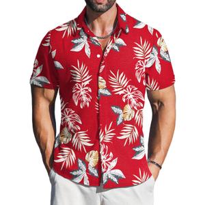 LETSEE Linen Shirts for Men Short Sleeve Blouse Button Down Dress Untuckit Shirts Beach Summer Wedding Hawaiian Outfit (Red, XXL)
