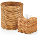 Log Color 2 Pcs Rattan Can & Square Tissue Box Cover, Rattan Hand Woven Basket Set Wicker Bathroom Accessories for Bedroom Kitchen Office Organizer