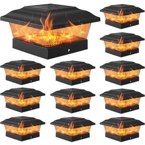 APONUO Solar Post Cap Lights, Warm Light& Flickering Flame Fence Post Lights for 3.5x3.5 4x4 Wooden/Vinyl Posts, Waterproof Deck Posts Light Solar Powered for Garden/Patio/Porch, Black 12 Packs