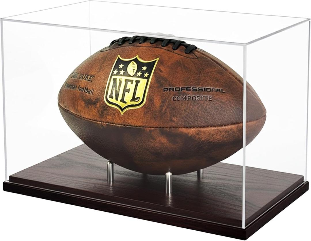 Happyseason Football Display Case, Clear Acrylic, Solid Wood Base, Stainless Steel Pegs Stand, Full Size Football Holder, Autographed Sports Memorabilia Collectible Box, No Assembly, Gifts for Men