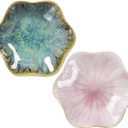 2Pcs Ceramic Jewelry Dish - Lotus Leaf Shape, for Ring Holder Necklace Small Key, Suitable for Mother Friend Sister, Gifts for Women, Cute Plate Trinket Tray, Home Decor (Crystal Green & Pink)