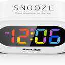 REACHER Small Colorful LED Digital Alarm Clock with Snooze, Simple to Operate, Full Range Brightness Dimmer, Adjustable Alarm Volume, Outlet Powered Compact Clock for Bedrooms, Bedside, Desk, Shelf