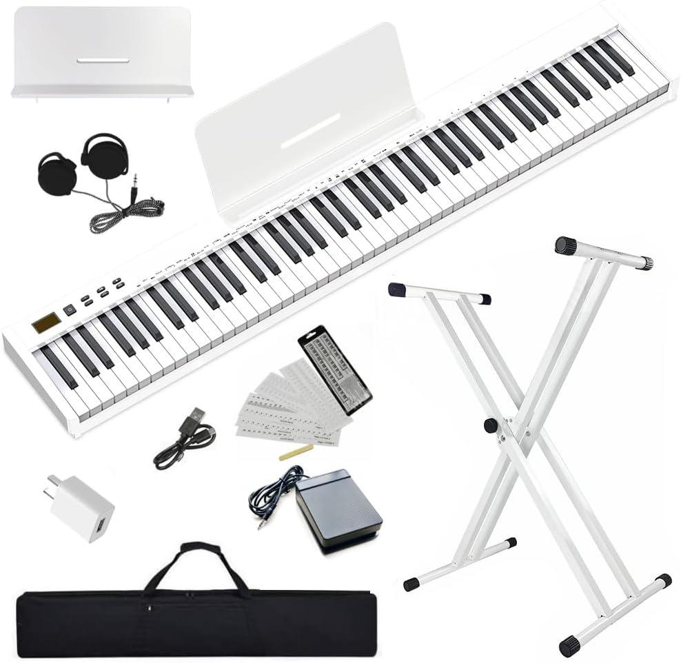 NikoMaku Semi-weighted 88 Keys Piano Keyboard Compact Portable Digital Piano Set for Beginners with Stand, Carrying Case, Sustain Pedal, Headphones, SWAN-S White