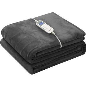 Wapaneus Foot Pocket Heated Blanket Electric Throw with 10 Heating Levels and Auto Shut Off, Flannel Fast-Heating Heated Throw 50" x 60", Machine Washable, Dark Grey