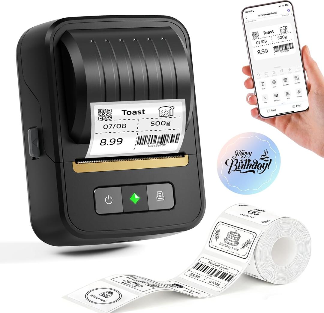 Label Maker Machine with Tape, Bluetooth Label Makers, Portable Thermal Label Printer Easy to Use for Small Business, Home, Office, School, Barcode, Address, Sticker Printer for Phone