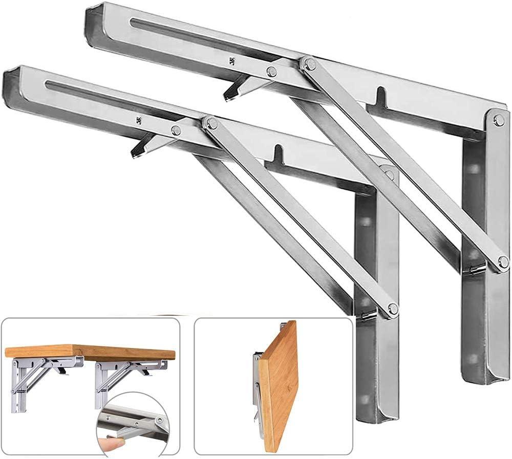 Folding Shelf Brackets, Max Load 300 lb, Heavy Duty Stainless Steel Collapsible Wall Mounted Shelf Brackets for Table, Space Saving DIY Bracket, Pack of 2 (2, Foldable 16")