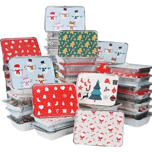 50 Pack Christmas Cookie Tins with Lids - 2.25LB Aluminum Food Containers Disposable, 5 Holiday Print Designs, Tin Foil Containers for Holiday Leftovers Container or Cookie Exchange, 8.5"x 6"