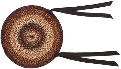 VHC Brands Beckham Round Seat Cushion Chair Pad, Red Black Tan, Jute Blend with Ties, 15x15 Inches