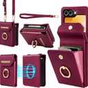 for Samsung Galaxy Z Flip 6 Case, Flip 6 Phone Case with Card Holder and 360 Ring Stand, PU Leather Wallet Case with Crossbody and Wrist Strap, Wine Red