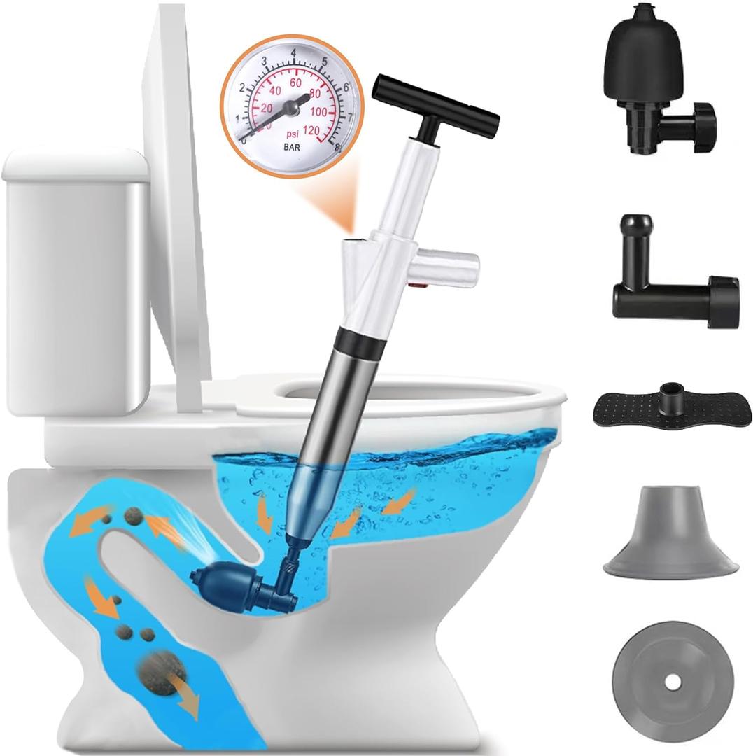 Toilet Plunger, High Pressure Air Plunger Drain Blaster with Visual Pressure Gauge, Drain Clog Removal Tool, Stainless Steel Toilet Unclogger Plungers for Bathrooms, Sinks, Kitchens, Clogged Pipe (White)
