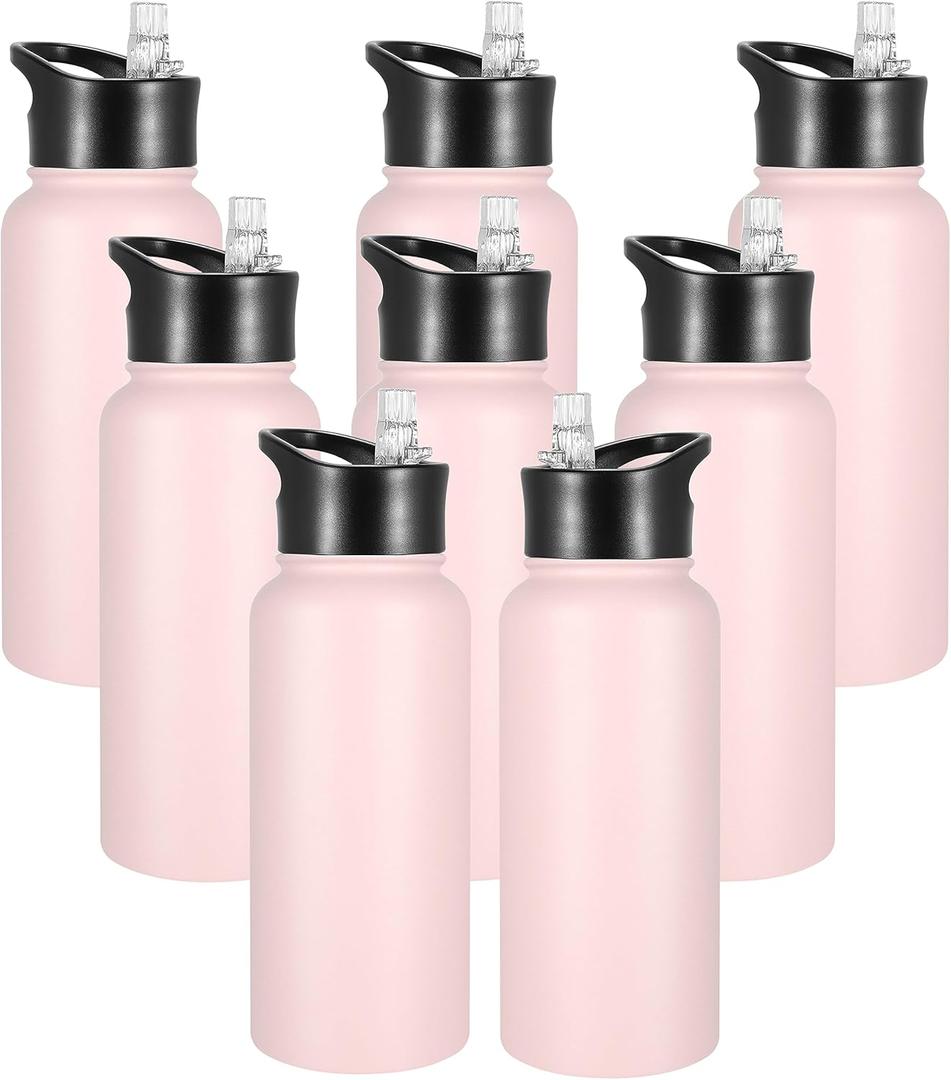 VEGOND 32 oz Insulated Water Bottle Bulk Stainless Steel Metal Water Bottles with Leak Proof Straw Lid & Spout Lid, Wide Mouth Double Walled Vacuum Travel Sports Bottle, 8 Pack (Pink)
